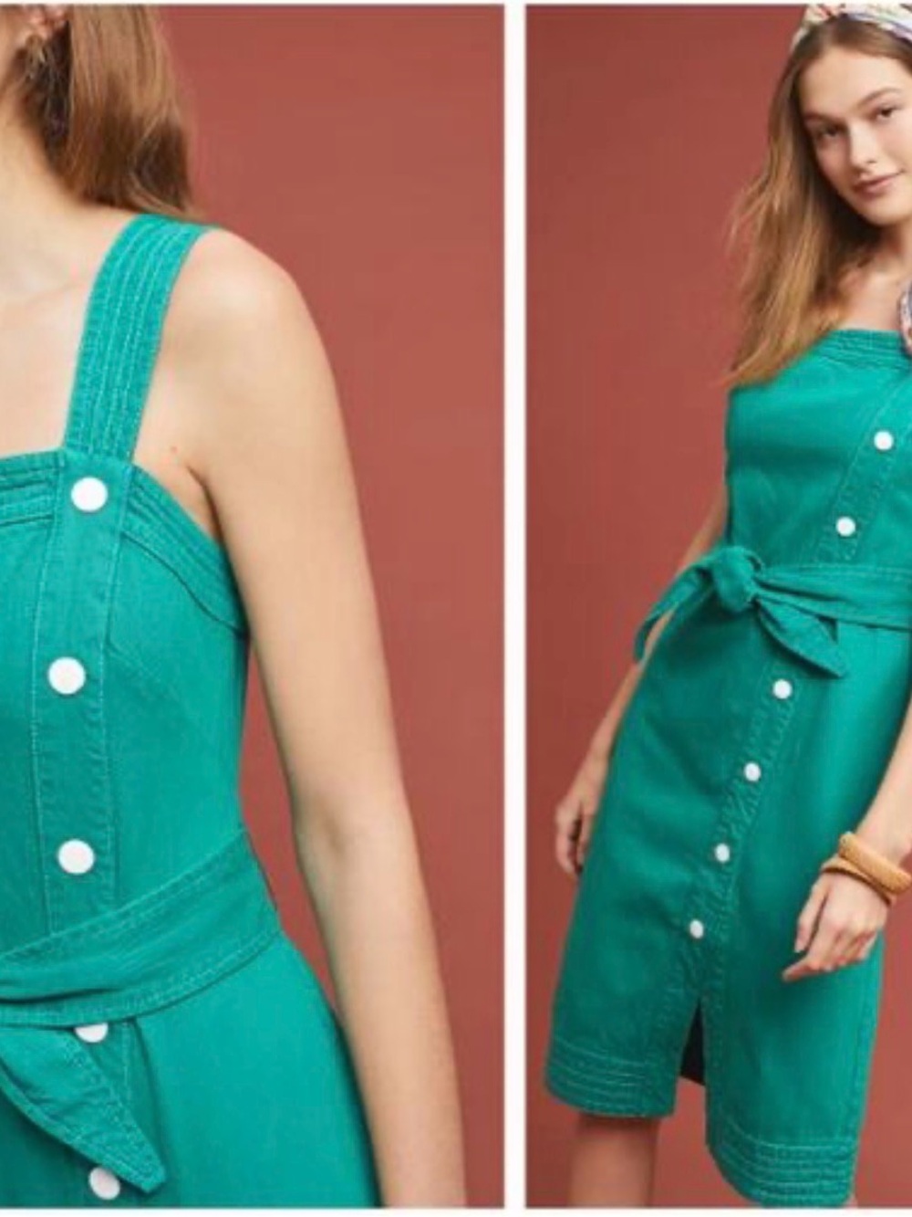 Anthropologie Emerald Green Button-Trim Midi Dress